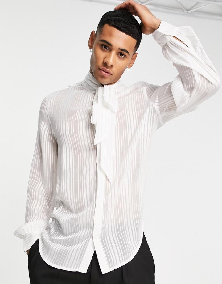 Asos Design Pussybow Sheer Stripe Shirt In White