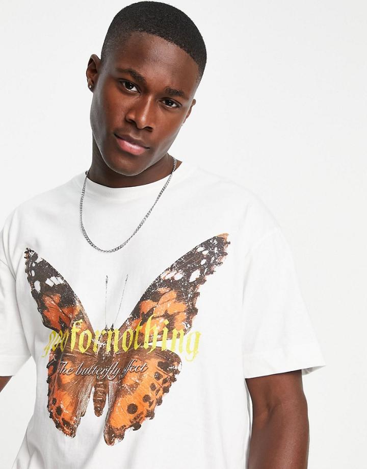 Good For Nothing Oversized T-shirt In Cream With Butterfly Print-white