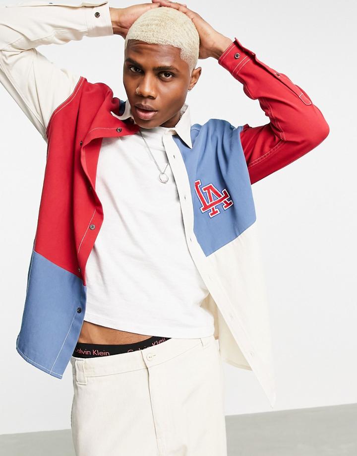 Asos Design 90s Oversized Shirt In Color Block With City Chest Print-multi