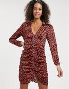 Asos Design Ruched Button Through Mini Dress In Satin Floral Print-multi