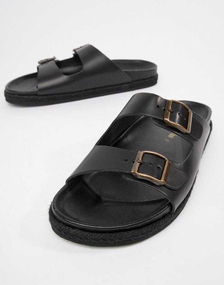 Stradivarius Leather Double Buckle Sandal In Black - Black