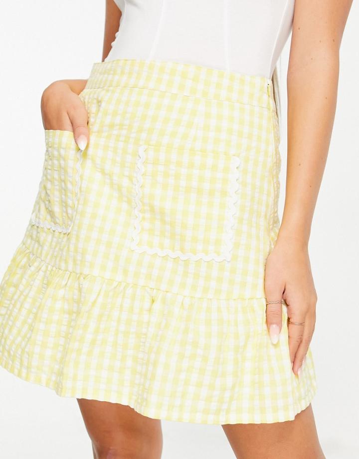 Neon Rose Mini Flippy Skirt With Peplum Hem And Frill Pockets In Gingham-yellow