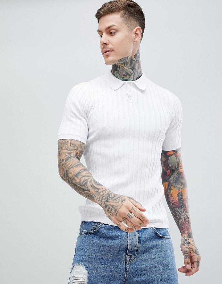 Asos Design Ribbed Polo T-shirt In White - White