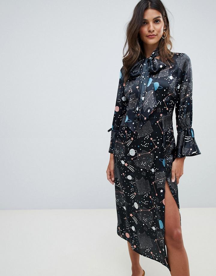 Asos Design Star And Moon Print Maxi Dress With Fluted Sleeve - Multi