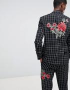 Asos Design Skinny Suit Jacket In Black And White Check With Embroidery - Black