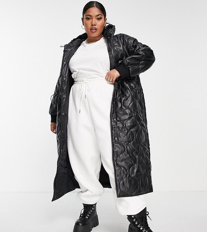 Asos Design Curve Faux Leather Quilted Hooded Puffer Coat In Black