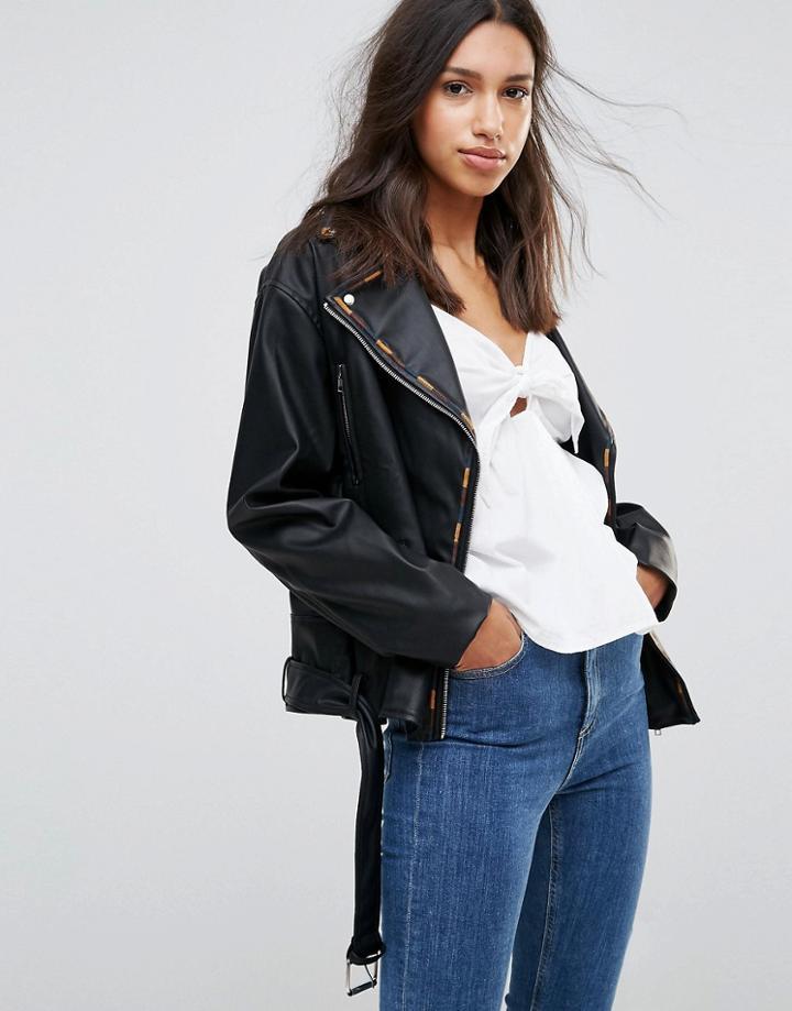 Lunik Pu Biker Jacket With Embroidery Trim - Black