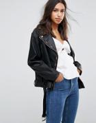 Lunik Pu Biker Jacket With Embroidery Trim - Black