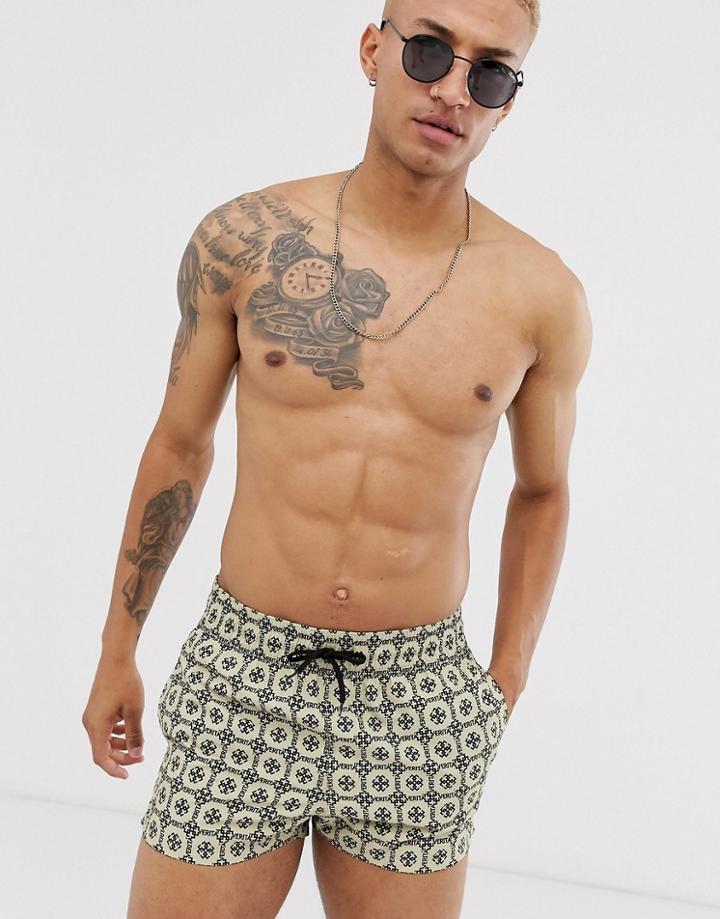 Asos Design Swim Shorts With Monogram Print Super Short Length-beige