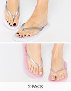 Asos Friendly Two Pack Flip Flops - Silver And Pink