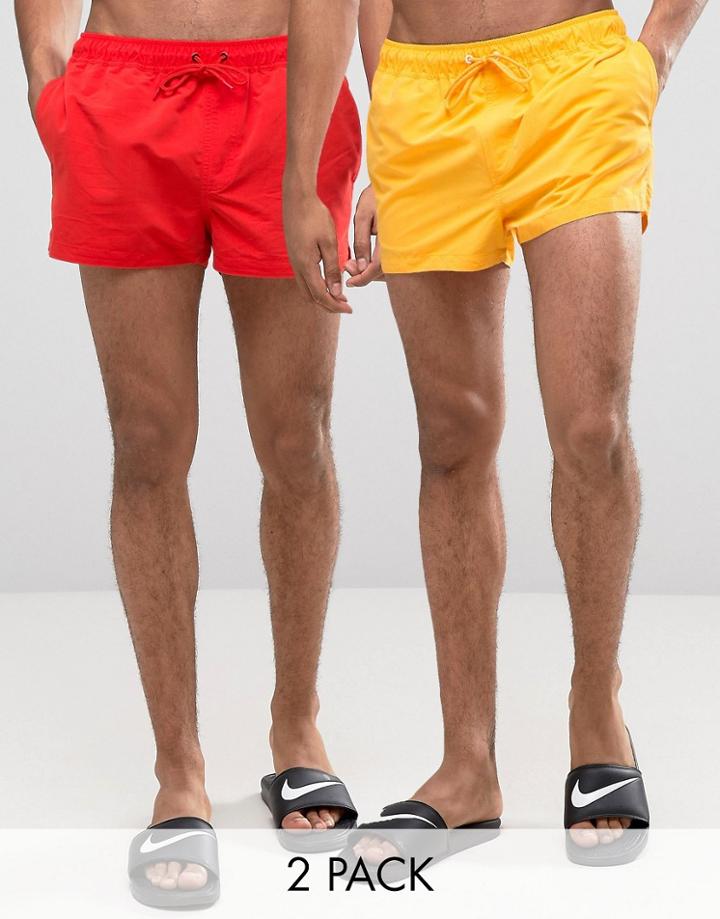 Asos Swim Shorts 2 Pack In Yellow And Red In Super Short Length Save -
