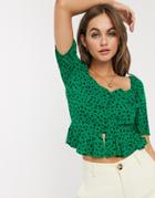 Nobody's Child Button Front Square Neck Crop Top In Green Polka Dot - Green