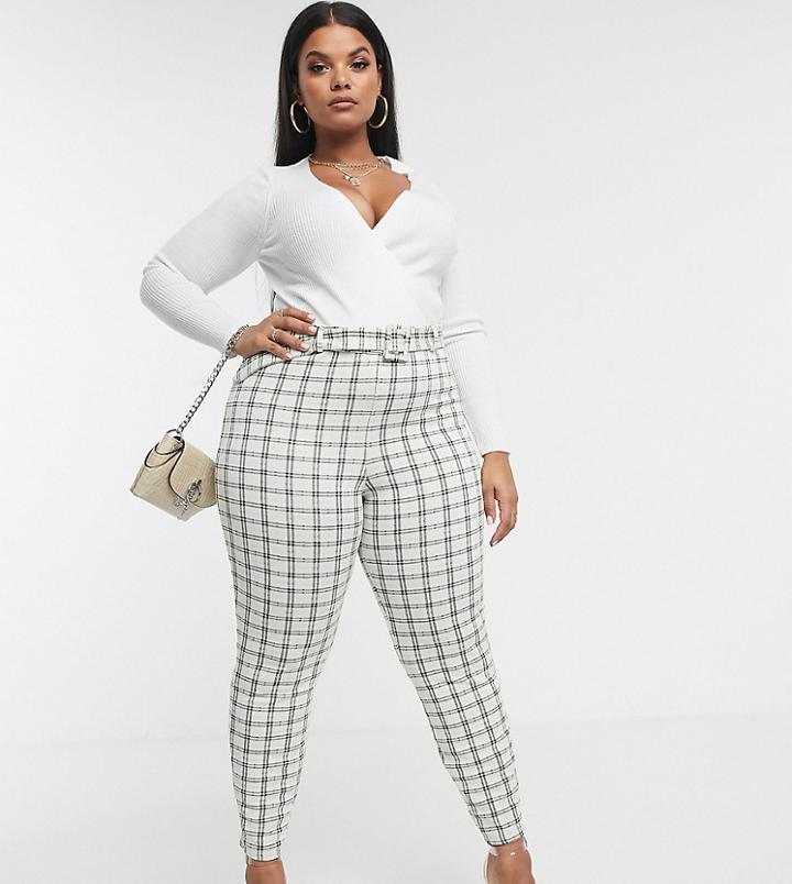 Asos Design Curve Check Jacquard Skinny Pants With Buckle-multi