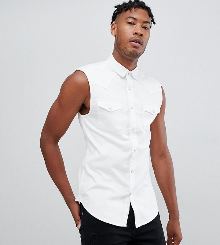 Asos Design Tall Skinny Fit Sleeveless Denim Shirt In White - White