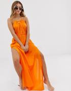 Asos Design Beach Maxi Dress With Ruched Waist & Halter Neck In Orange