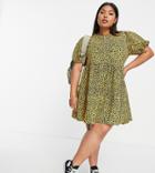 Asos Design Curve Mini Tiered Smock Dress In Black Yellow Leopard Print