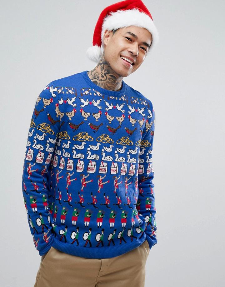 Asos Holidays Sweater With All Over Design In Cobalt - Multi