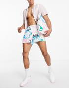 Asos Design Linen Look Swim Shorts With Floral Print Short Length-white