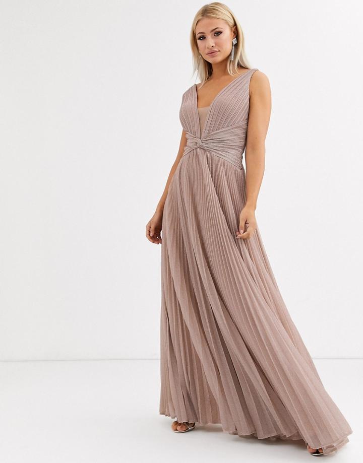 Forever Unique Pleated Plunge Maxi Dress In Rose Pink