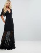 Bodyfrock Plunge Front Lace Fishtail Maxi Dress - Black