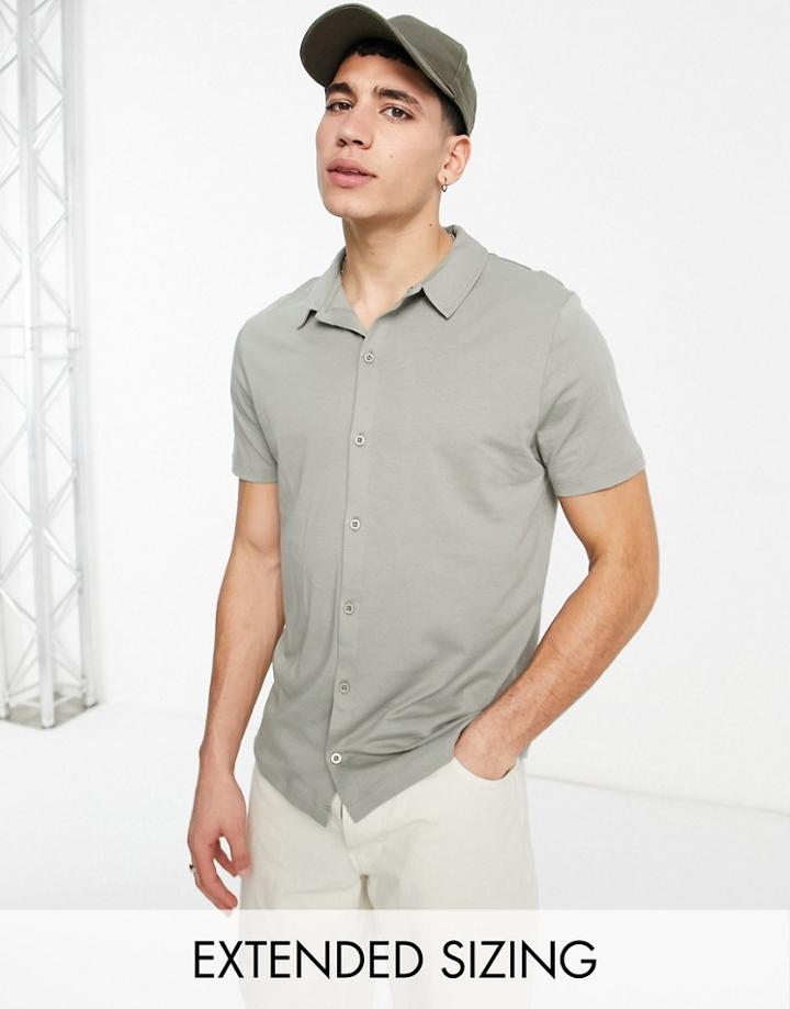 Asos Design Button Through Jersey Shirt In Khaki-green