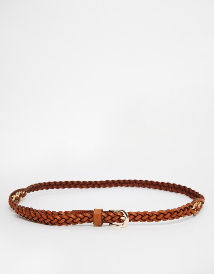 Pieces Metal Detail Braid Belt - Cognac