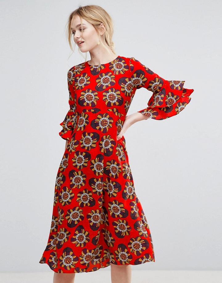 Traffic People Floral Print Midi Dress - Red