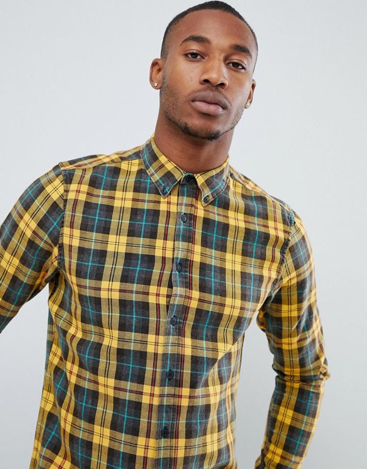 Asos Design Regular Fit Check Shirt With Acid Wash-yellow