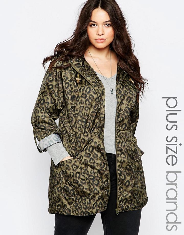Brave Soul Plus Leopard Print Rain Trench - Khaki Leopard
