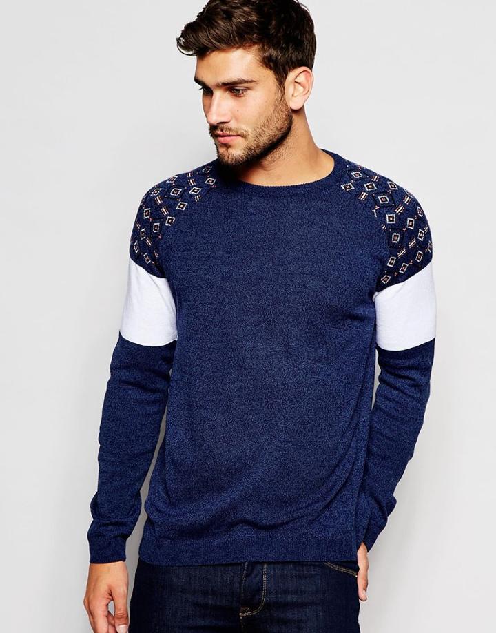 Asos Cotton Sweater With Design Shoulder - Denim Twist