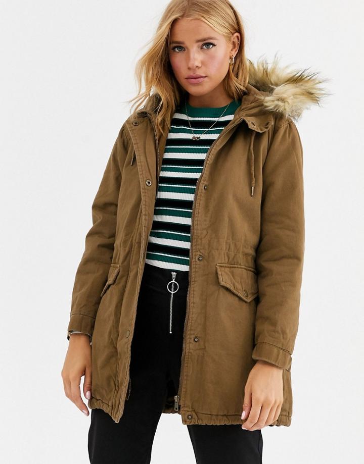 Cotton: On Saffron Parka Coat With Faux Fur Trim-green