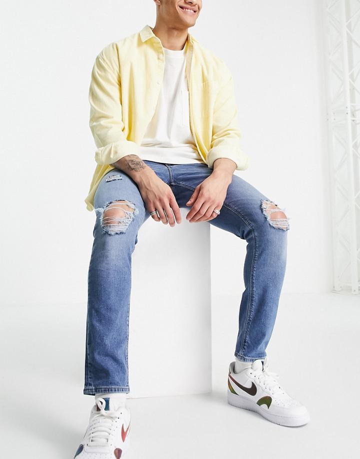 Asos Design Stretch Slim Jeans In Mid Blue With Knee Rips - Mblue-blues