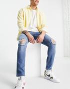 Asos Design Stretch Slim Jeans In Mid Blue With Knee Rips - Mblue-blues