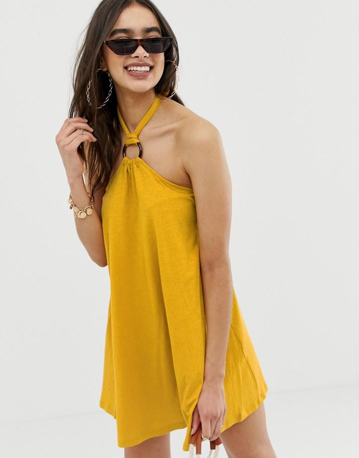 Asos Design Mini Halter Swing Dress With Faux Tortoiseshell Ring Detail - Yellow