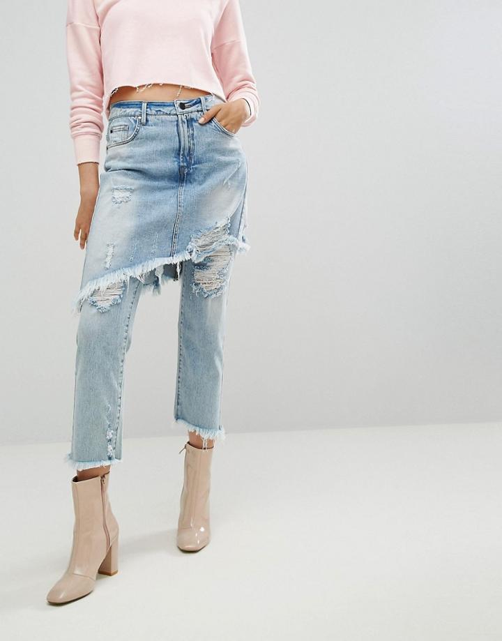 Arrive Denim Skirt Over Jean With Fray Detail - Blue