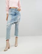 Arrive Denim Skirt Over Jean With Fray Detail - Blue