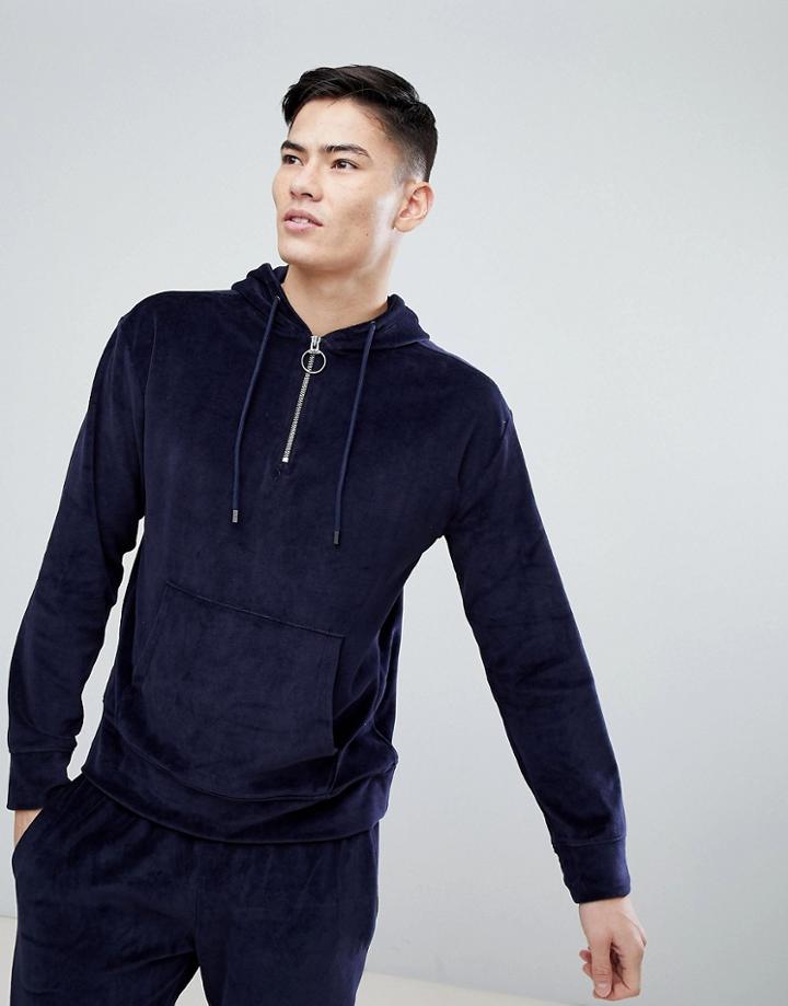 Mango Man Velour Hoodie With Half Zip In Navy - Navy