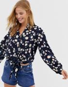 Qed London Button Through Tie Front Blouse In Navy Floral - Navy