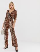 Liquorish Wrap Front Jumpsuit In Leopard Print With Lace Trim Sleeve Detail - Multi