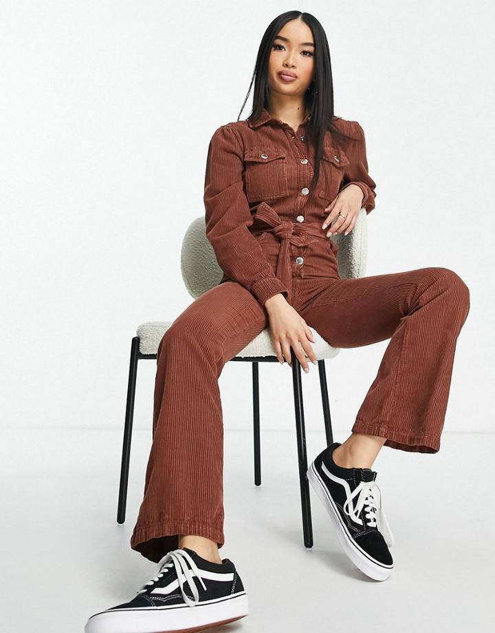 Miss Selfridge Cord Jumpsuit In Chocolate-brown