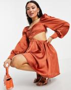 Saint Genies Satin Micro Mini Dress With Long Sleeves In Rust-orange
