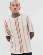 Asos Design Knitted Vertical Stripe T-shirt In Beige