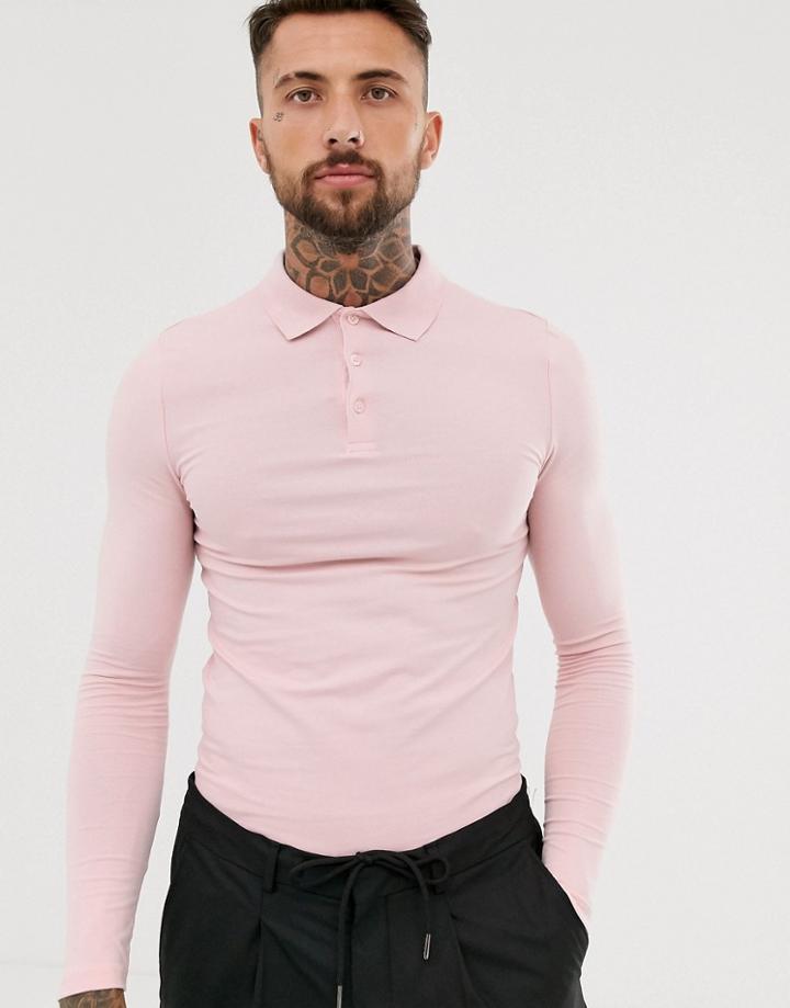 Asos Design Organic Muscle Fit Long Sleeve Jersey Polo In Pink