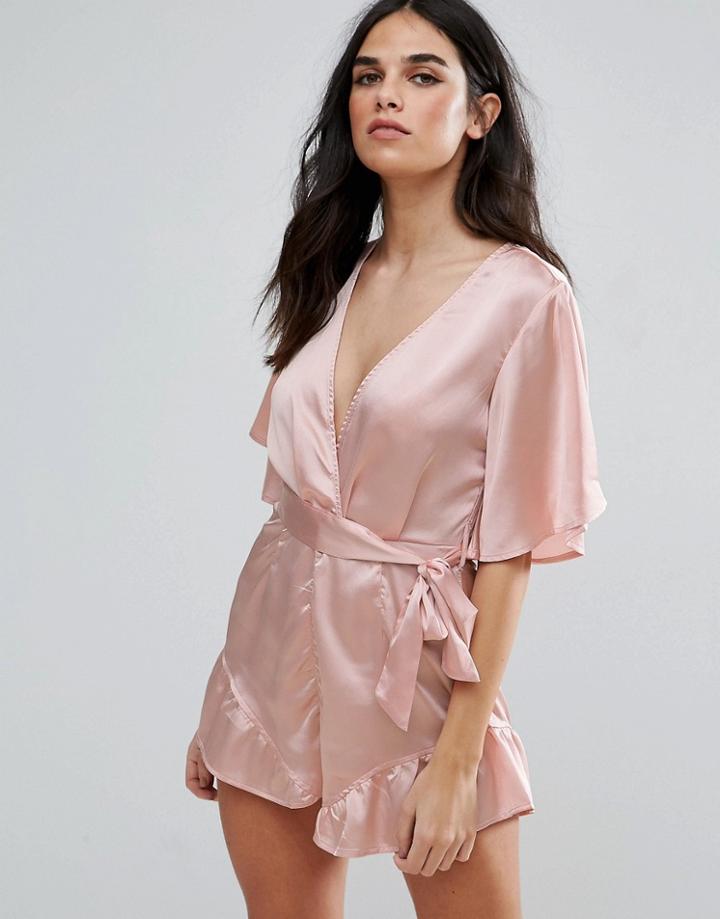 Love & Other Things Short Sleeve Belted Romper With Frill Hem - Pink