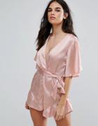 Love & Other Things Short Sleeve Belted Romper With Frill Hem - Pink
