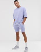 Asos Design Short Sleeve Tracksuit With Shorts In Lilac Ribbed Fabric-purple