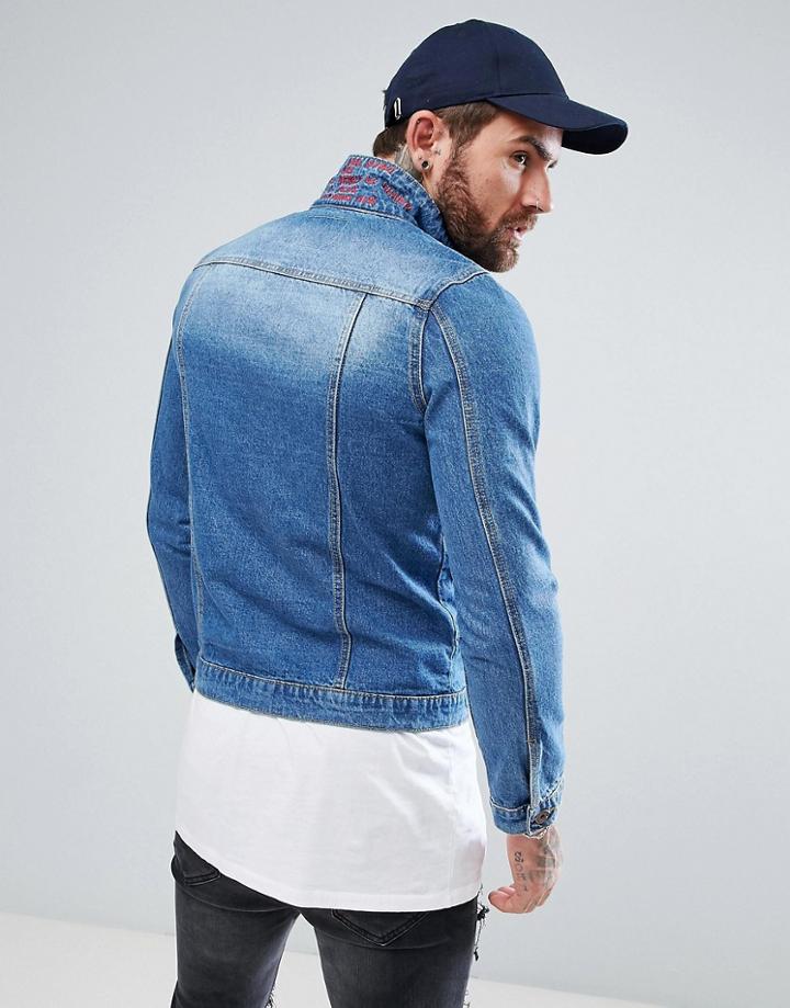 Liquor N Poker Hidden Embroidered Collar Denim Jacket - Blue