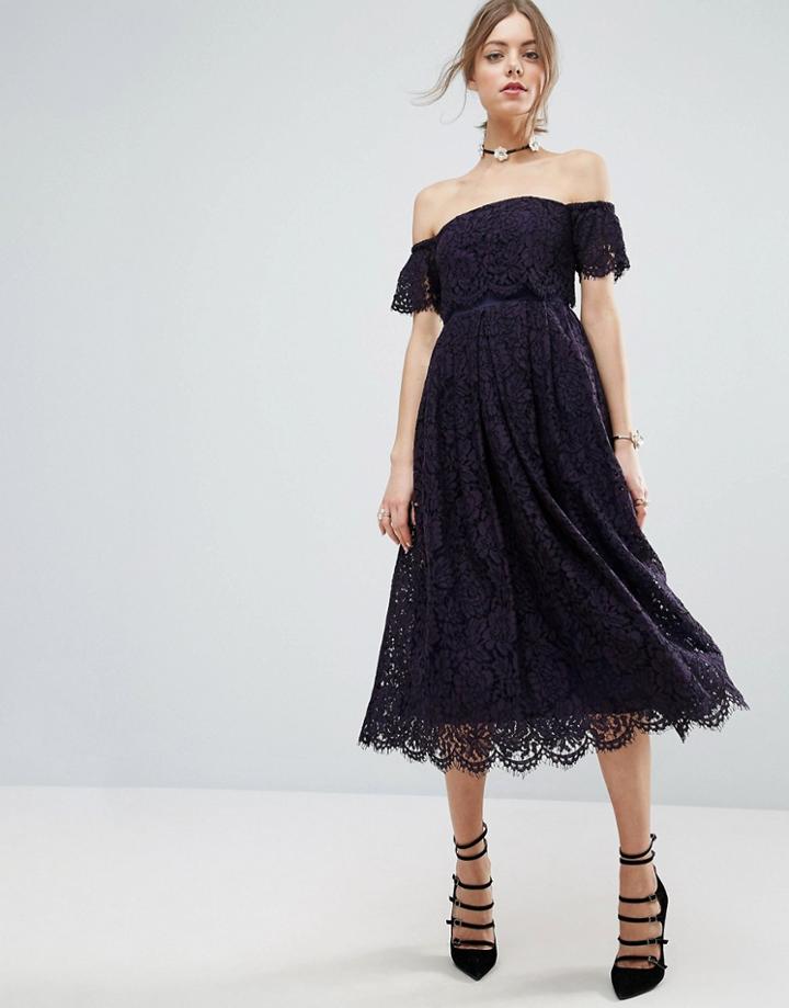 Asos Off The Shoulder Lace Prom Midi Dress - Navy