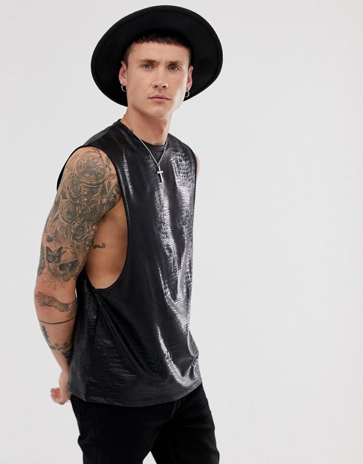 Asos Design Relaxed Sleeveless T-shirt With Extreme Dropped Armhole In Animal Print In Black - Black