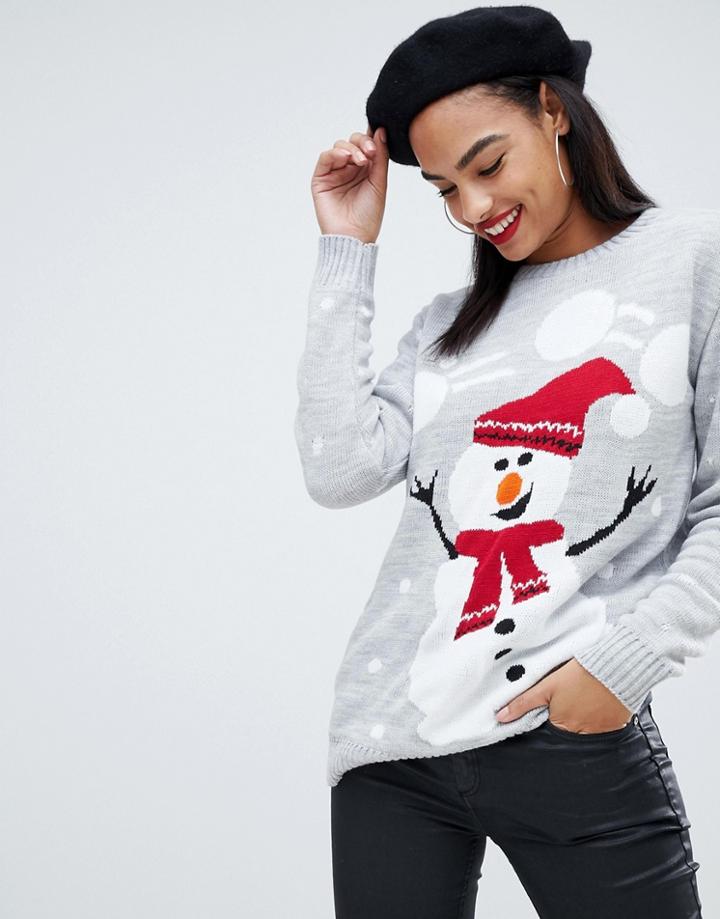 Club L Christmas Sweater With Snowman Intarsia Design - Gray